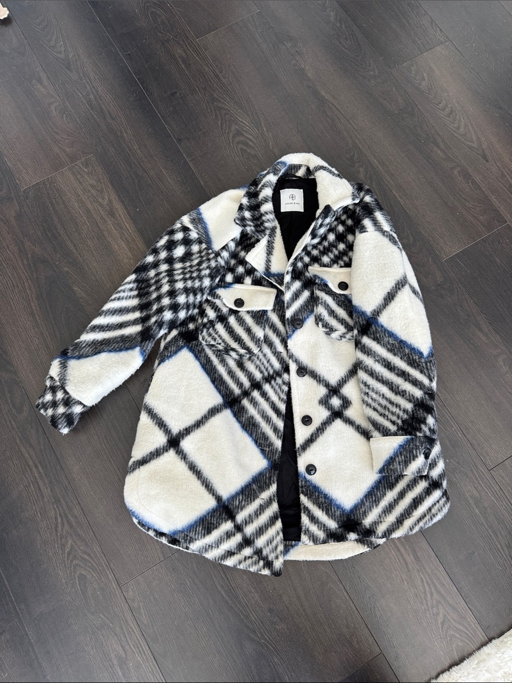 ANINE BING Oakley oversized checked brushed Shirt Jacket Cream Blue Black XS